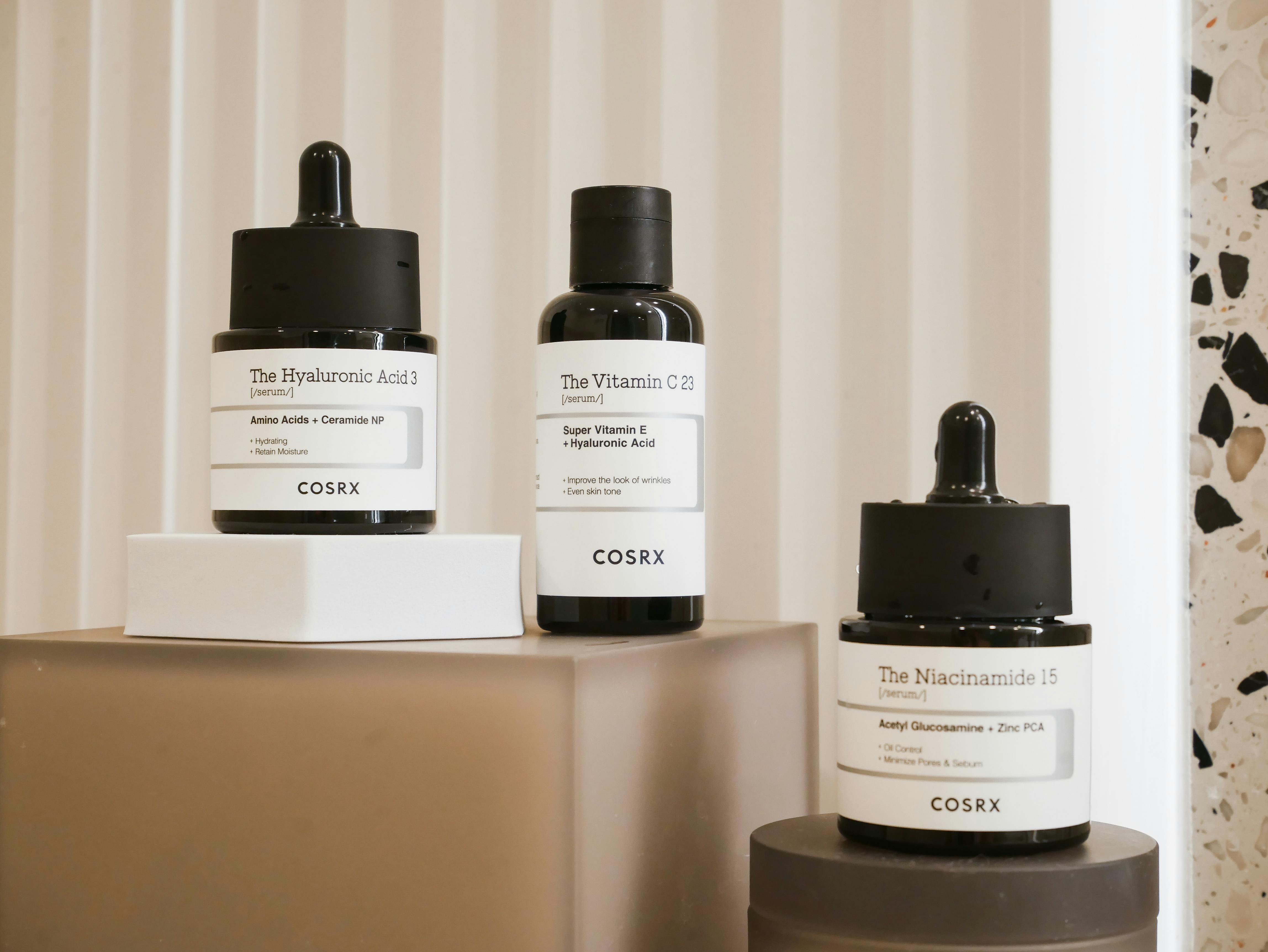 COSRX HA, Vitamin C and Niacinamide serums — 40s protocol