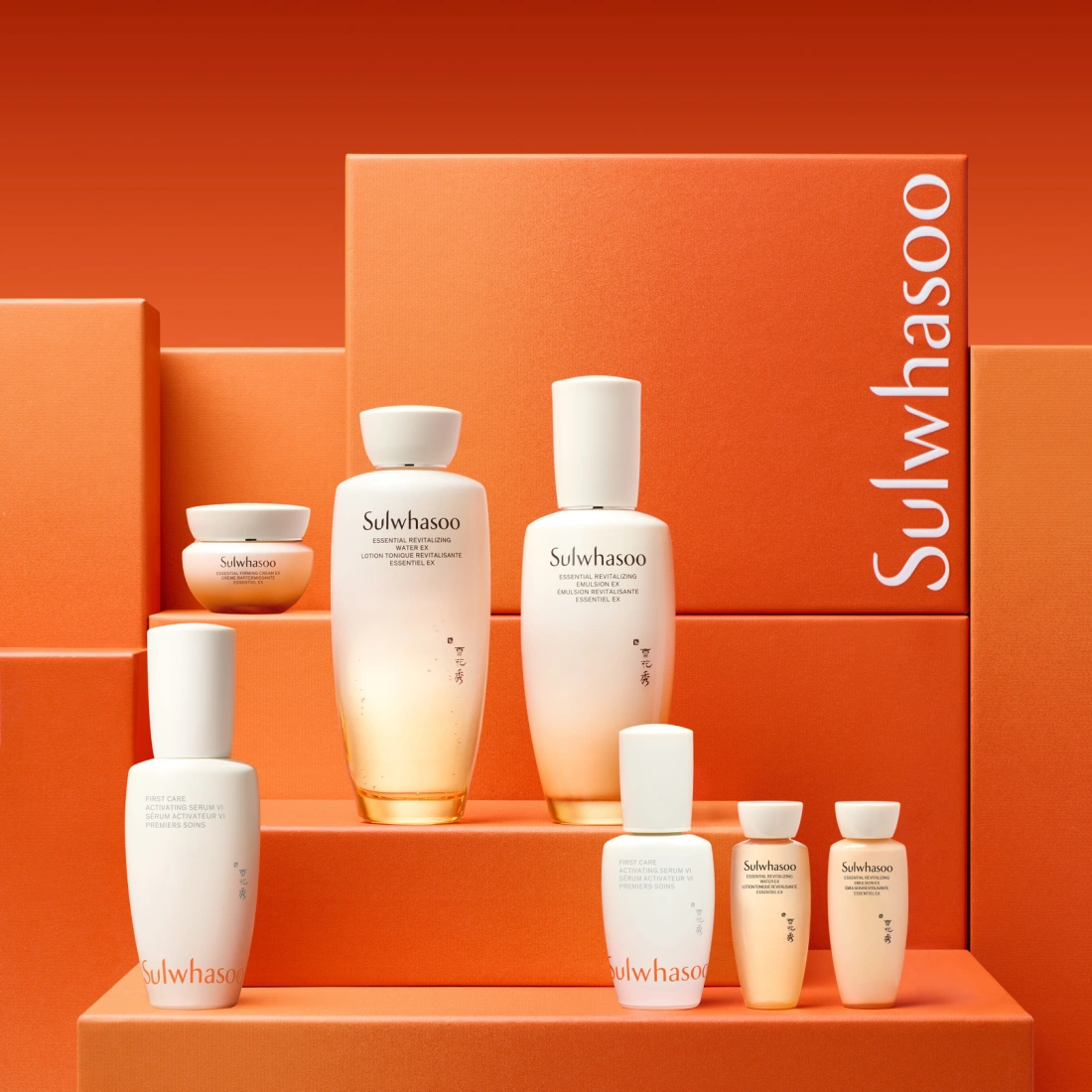 Sulwhasoo complete product collection on orange display steps